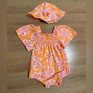 Jessica Simpson Orange & Pink Floral Baby One-Piece with Hat